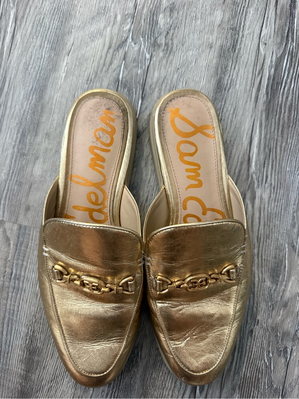Sam Edelman Metallic Gold Leather Slip-On Mule Loafers - Picture 2 of 4